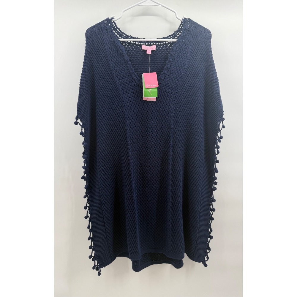 Lilly Pulitzer Navy Blue Keating Sweater PomPom Poncho V-Neck Size Medium NWT